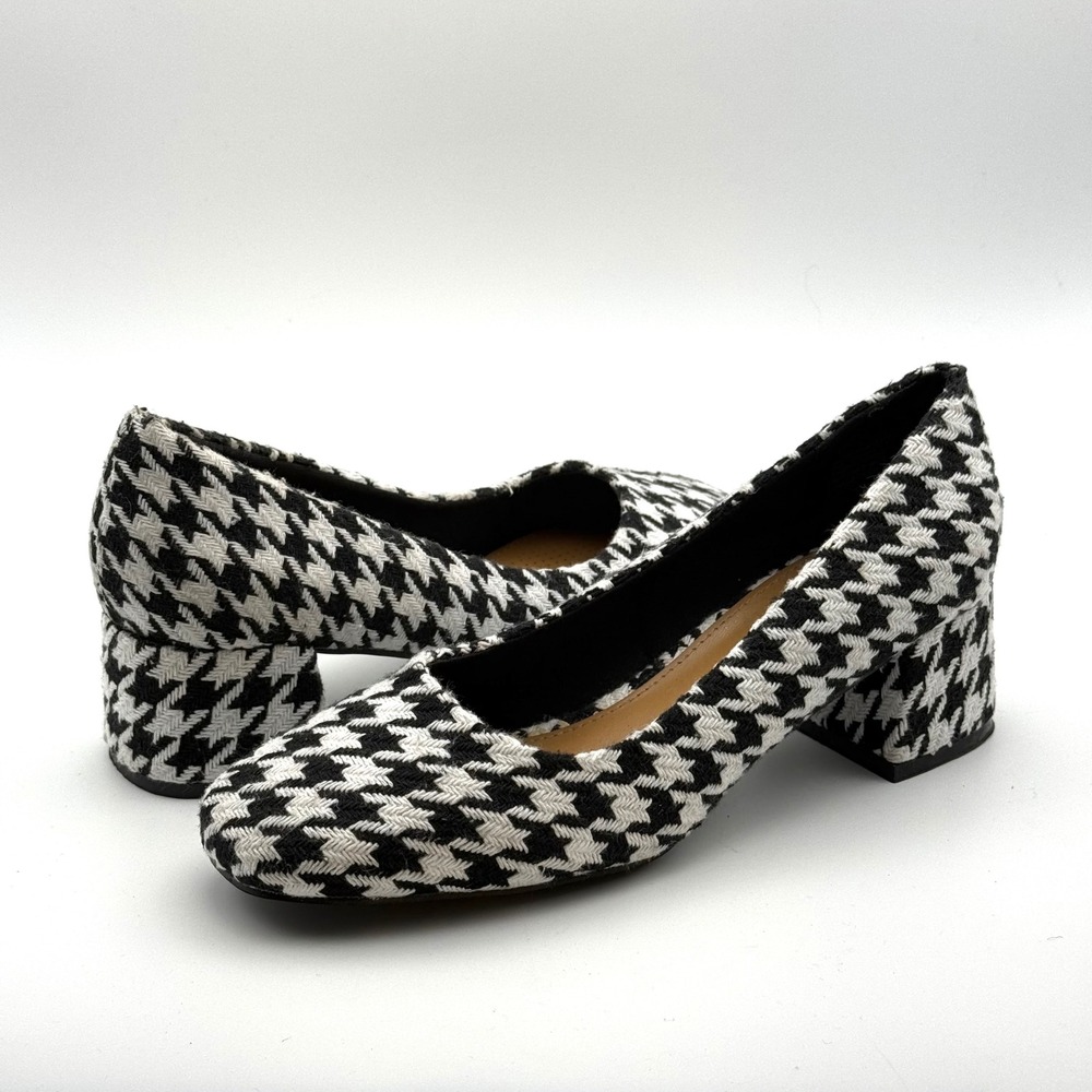 Comfortview Marisol Houndstooth Block Heel Pumps Black White Square Toe Shoes 9M